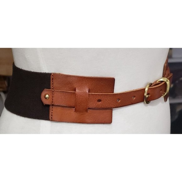 LP Linea Pelle Women's S Brown Leather Belt Black Stretch Elastic - Picture 2 of 8